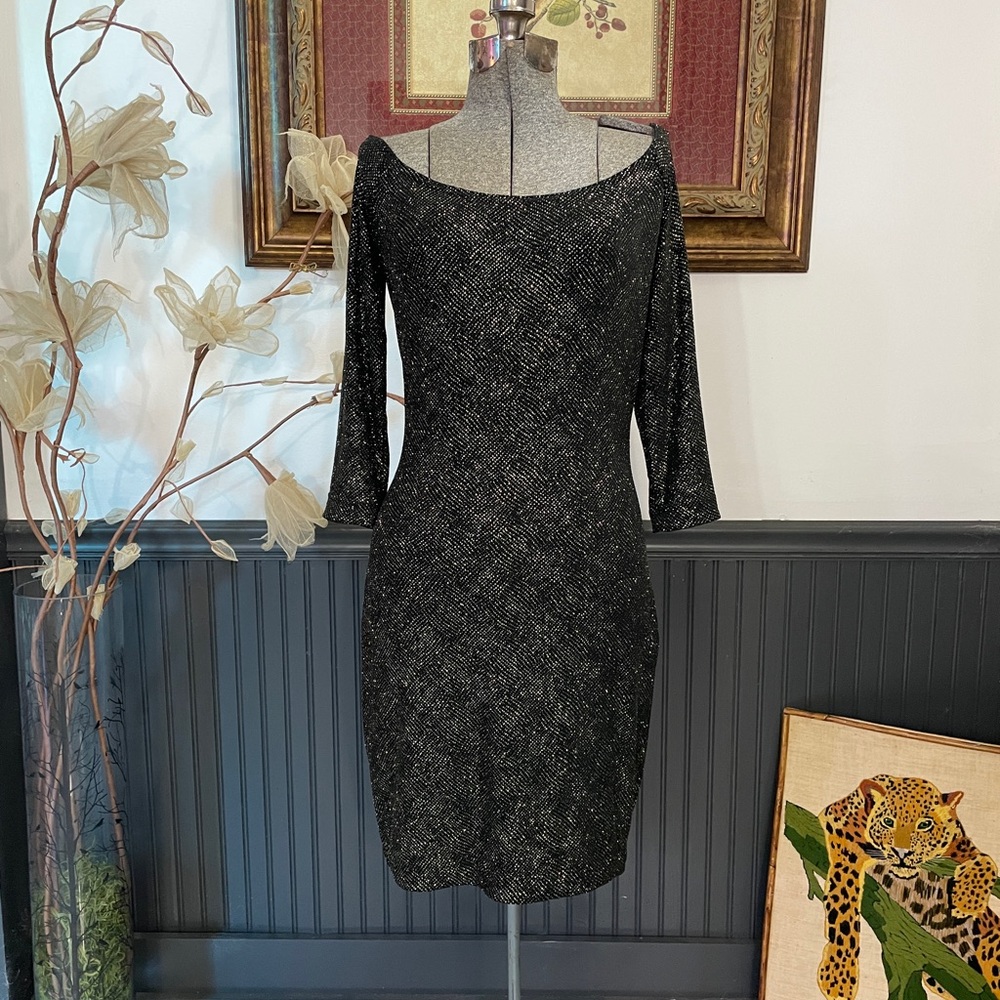 Tadashi Black & Gold Shimmer Metallic Sheath LBD Boat Neck Dress - Med 🧡🎀